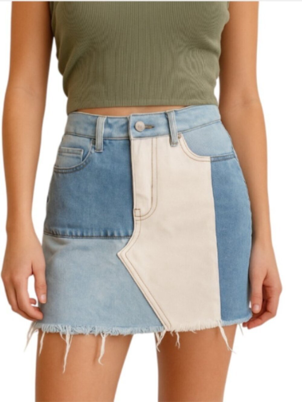 PACSUN Size 23 All Cotton Denim Mini Skirt Blue White Patch Work Frayed Hem